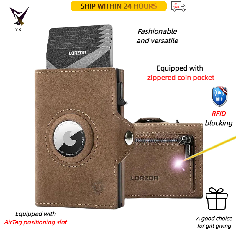Titular do cartão masculino automático Pop-up estilo moeda saco com zíper RFID escova Anti-roubo com airtag posicionamen