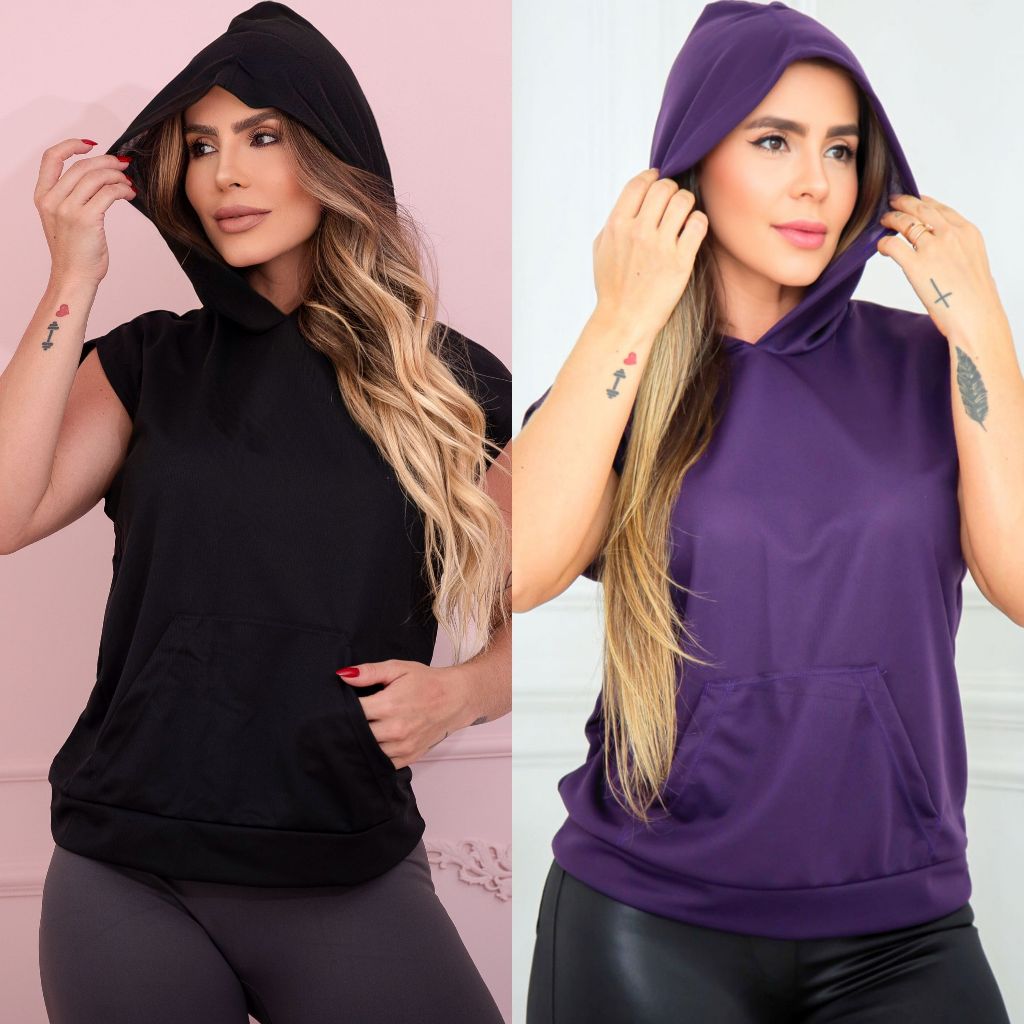Colete Fitness Treino Dry Fit Seca Rápido Bolso Canguru Capuz Ajustado Desing Moderno Moda Feminina