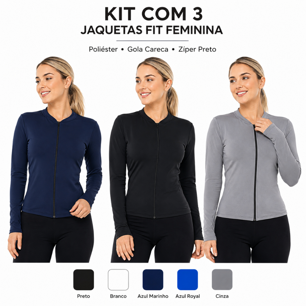 Kit 3 Casaco Dryfit Casaquinho Proteção Solar Zíper Slim Blusa Térmica Treino Academia Feminina