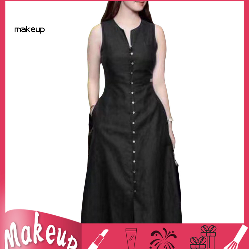 Solid Color Button-up Dress Slim-fitting Bust Design Women Summer V Neck Midi A-line Button Pocket Elegant Tight Waist M
