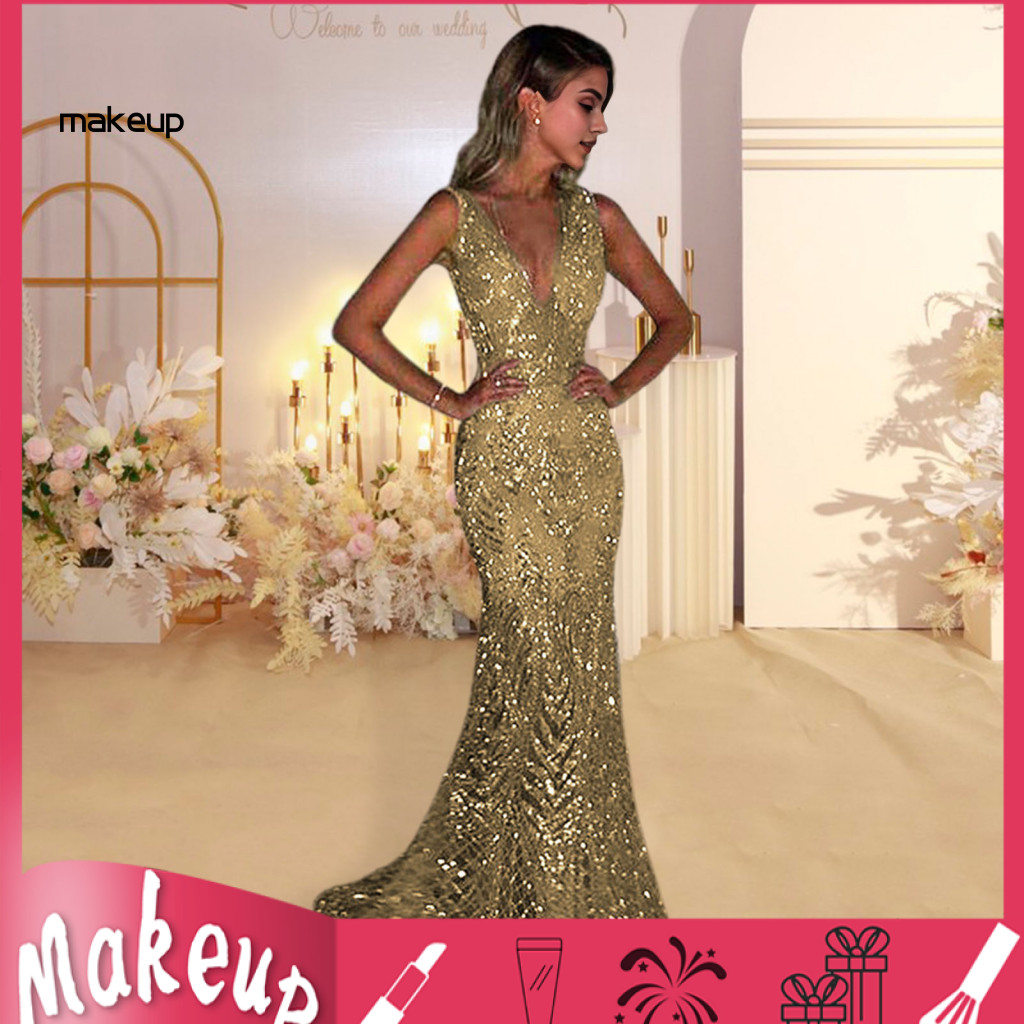 V-neck Long Dress Sequin Gown Women’s Evening V Neck Slim Fit Backless Shiny Fishtail Hem Floor-length Maxi for Prom P