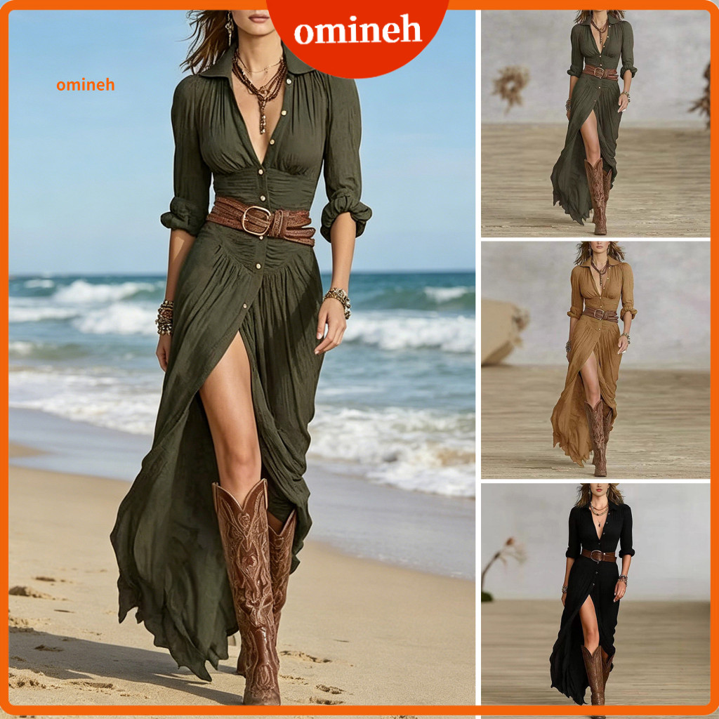 Elegant Shirt Style Dress Stylish Cowgirl Outfit Boho Women’s Maxi with Belt Button-down V Neck Long Sleeve High Slit