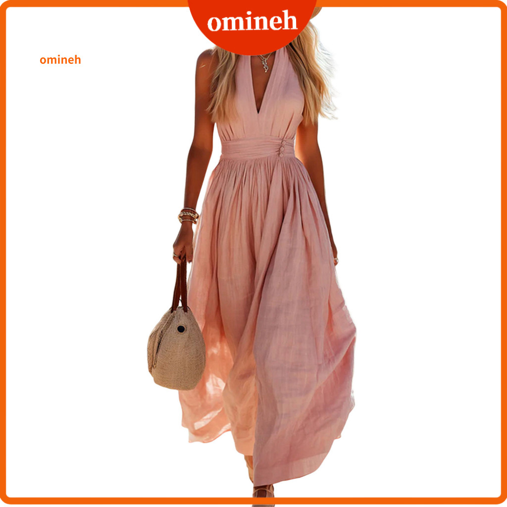 Sleeveless V-neck Dress Skin-friendly Summer Women Maxi V Neck Slim Waist Ruffle Swing Solid Color Ankle-length Beach fo