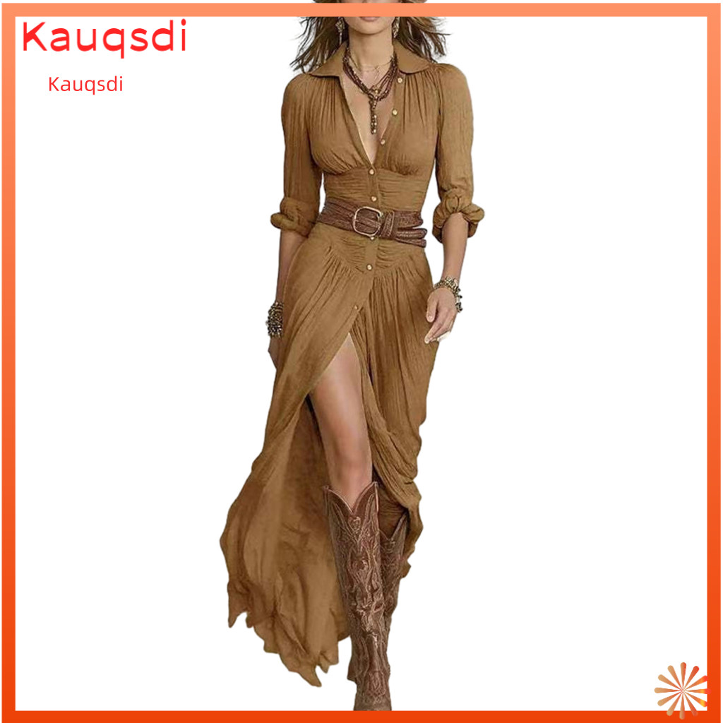 Western Cowgirl Dress Slim Fit Maxi Boho Women’s with Belt Button-down V Neck Long Sleeve High Slit Vintage Flowing Sh