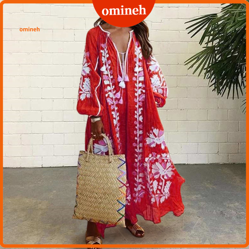 Long Sleeve Maxi Dress Women V-neck Summer Women’s Bohemian – V Neck Tassel Detail Oversized A-line Flowing Floral f