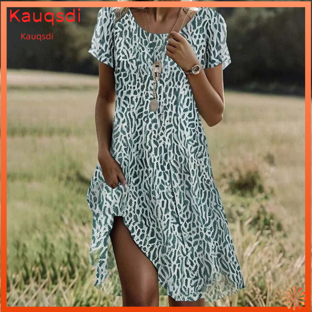 Women Polyester Dress Loose Cut Women’s Summer Floral Midi Short Sleeve Boho Beach Vacation Sundress Fit Crew Neck Sty