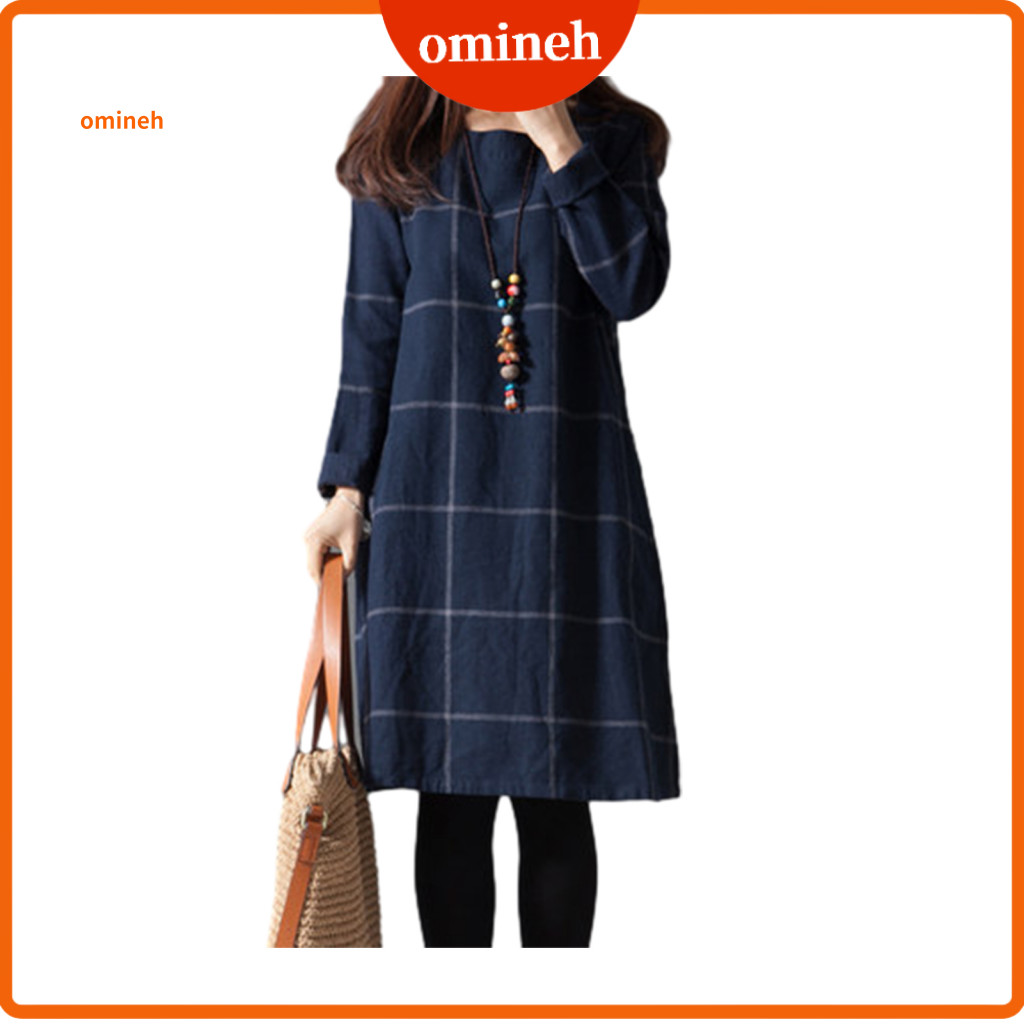 Comfortable Cotton Dress Plaid for Women Women’s Vintage Long Sleeve Linen Tunic Midi Loose Fit Checkered Crew Neck Fa