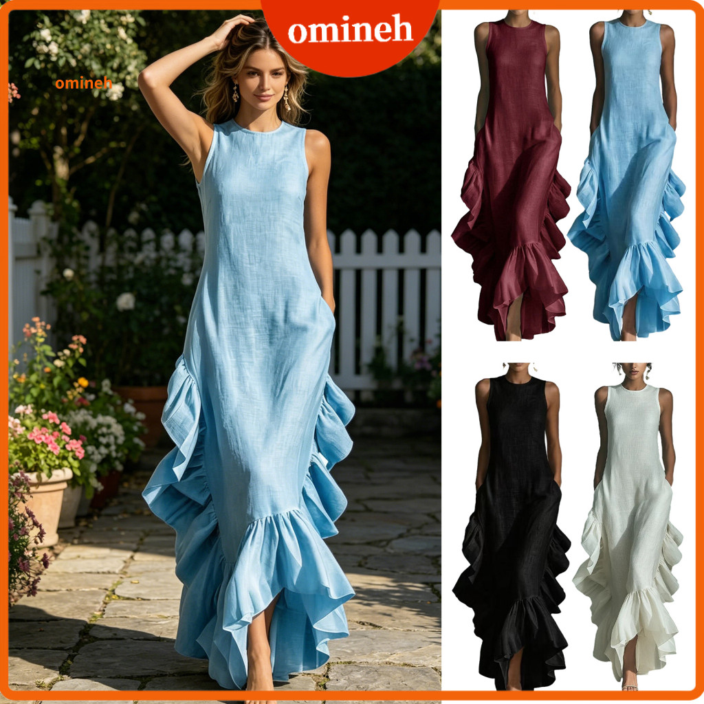 Ankle Length Dress Elegant Beach Women’s Ruched Ruffle Hem – Swing Crew Neck Party Perfect for Office Cocktail and S