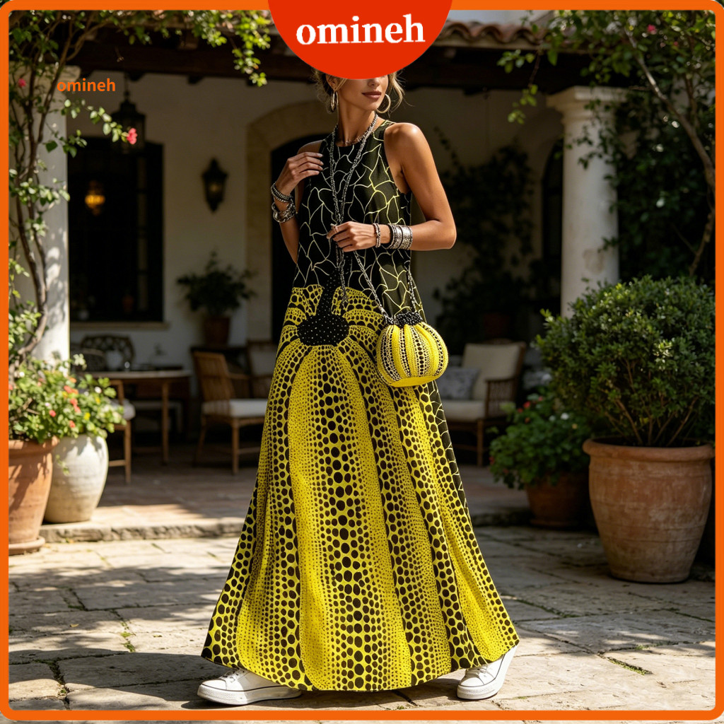 Women Dress with Pockets Artistic Design Women’s Summer Maxi – Printed Long Flowy Crew Neck Vacation Outfit Lightwei