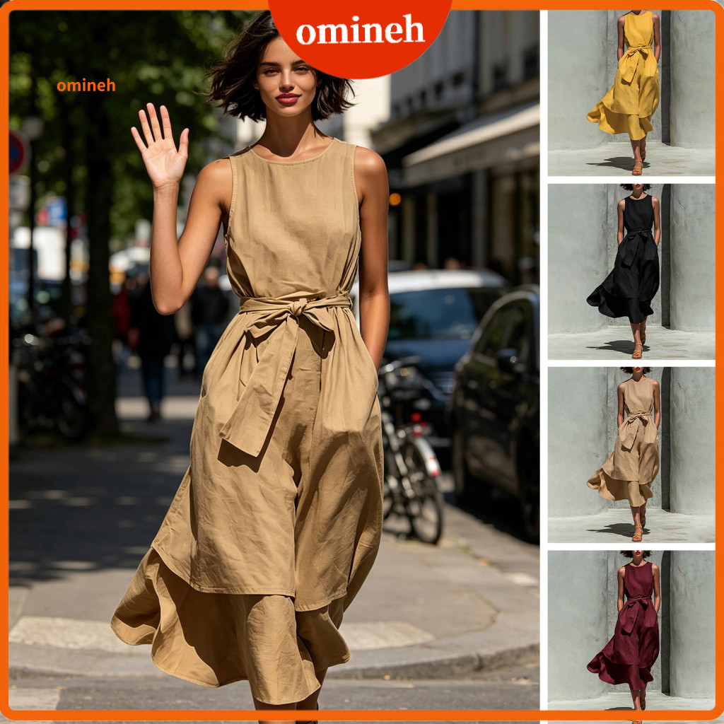 Women Casual Dress Comfortable Summer Women’s Beach Crew Neck Flowy A-line Long Sundress with Tie Waist Loose Tank for