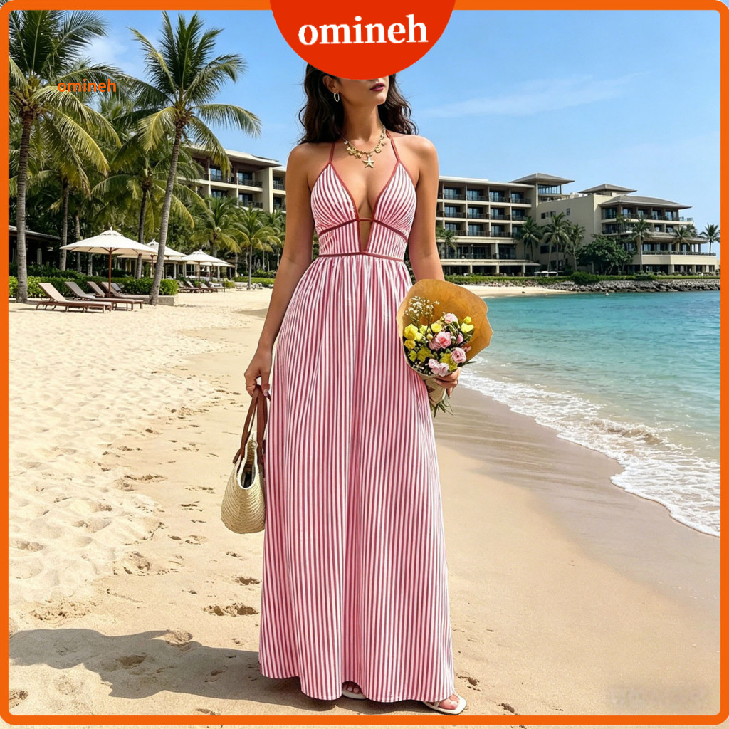 Polyester Chiffon Dress Semi-transparent Hem Women’s Halter Striped Maxi V Neck A-line Sundress Lightweight Summer Bea
