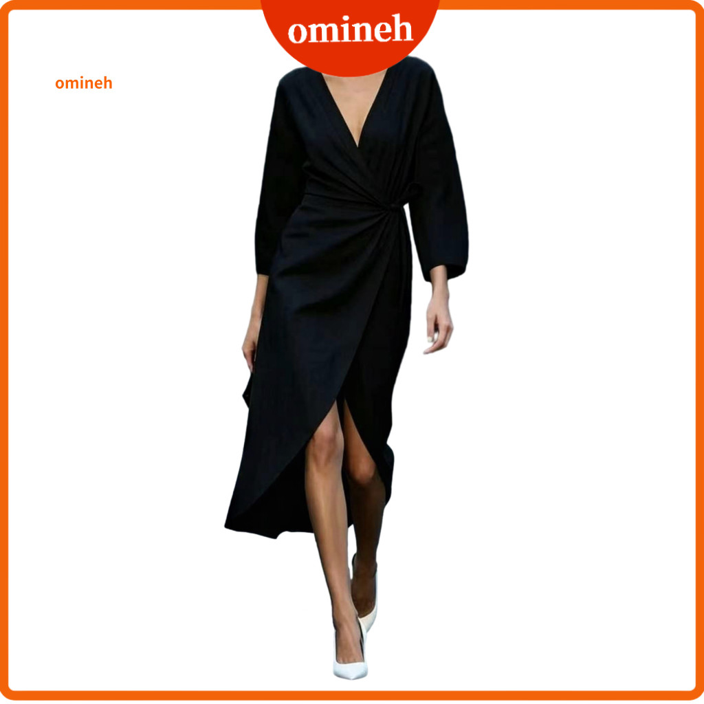 Long Sleeves Dress Breathable Dresses Summer Women’s Deep V-neck Ruffle Midi Slim Waist Sleeve Wrap Solid Color Casual