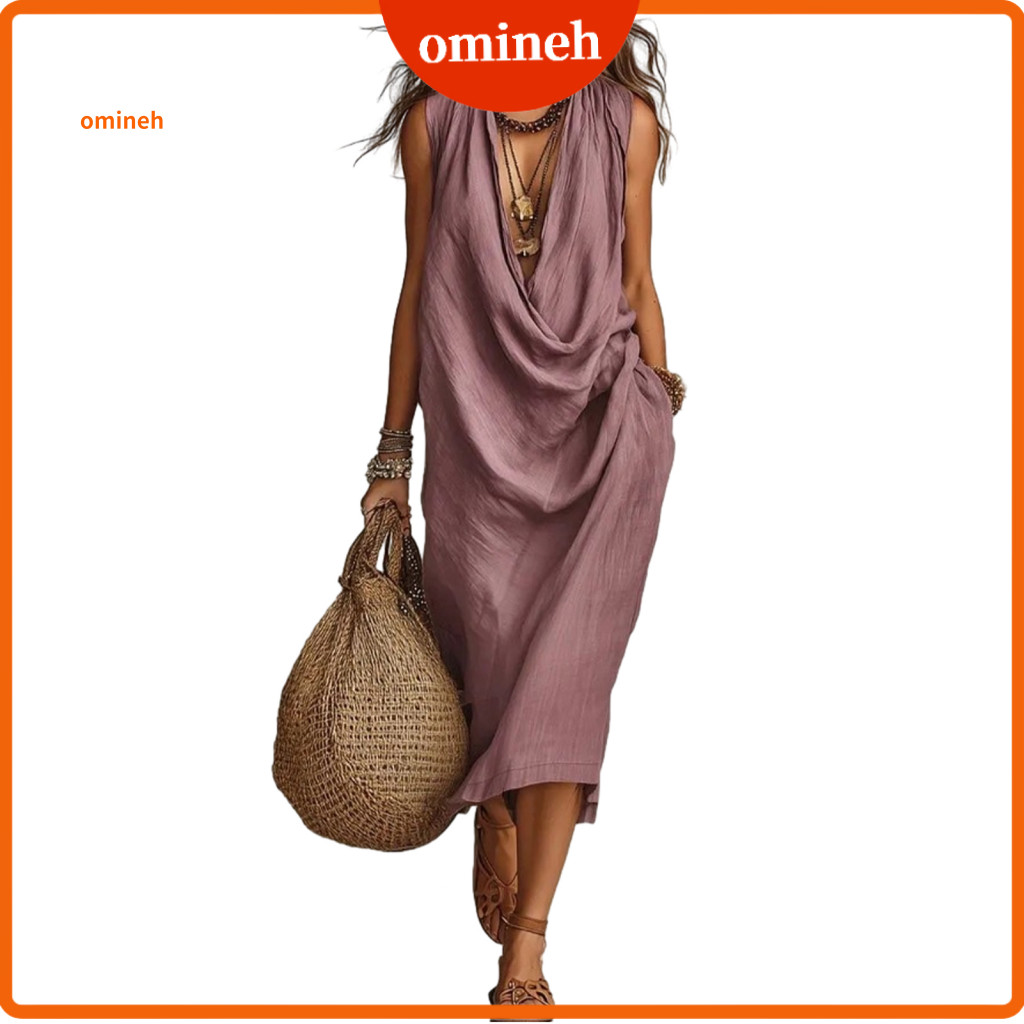 Women Summer Dress Loose Fit Women’s V Neck Flowy Long Draped Ruched Vacation Travel Outfit Lightweight Comfortable fo