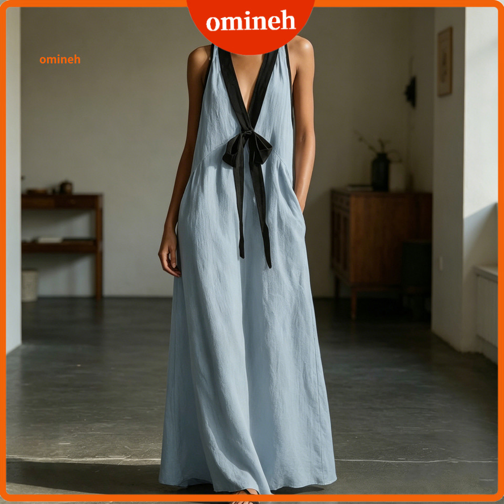 Mid-length Dress Simple Style Women’s Summer Color Block Maxi V Neck Loose Flowy Long Tank with Pockets – Perfect Be