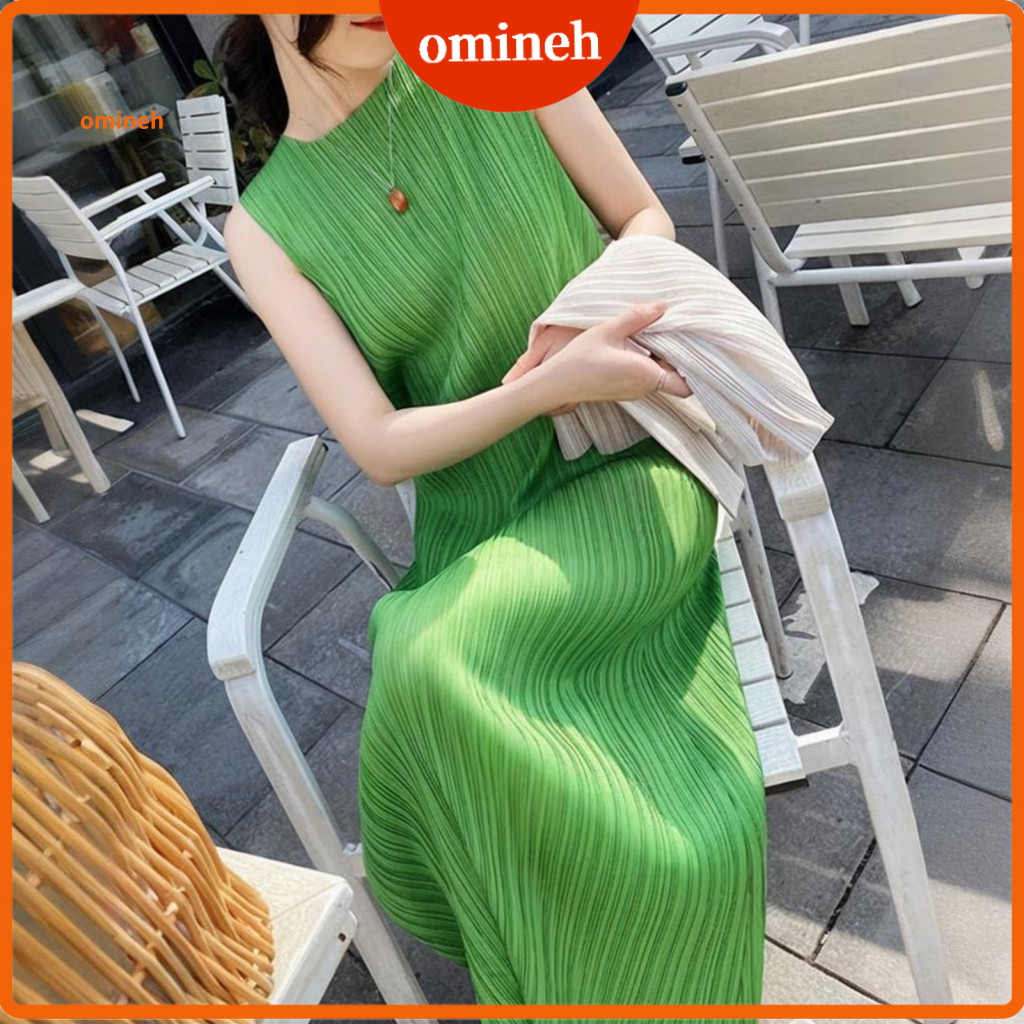 Long Dress Ol Commuting Women’s Pleated Midi Loose Fit Round Neck Solid Color Vest Office Calf-length Straight Style f