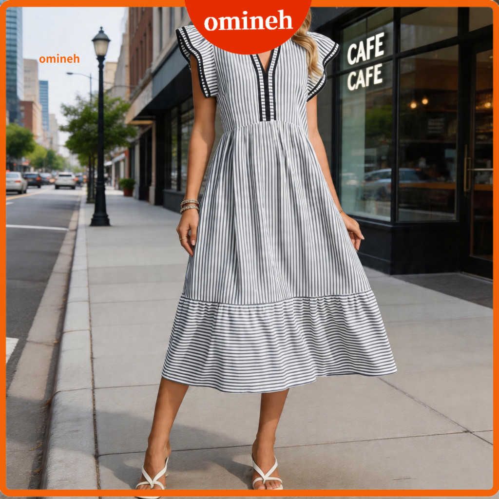 Women Casual Dress Beach for Women’s Striped Midi Summer Vacation Flowy Sundress Ruffle Cap Sleeve V Neck Swing Lightw