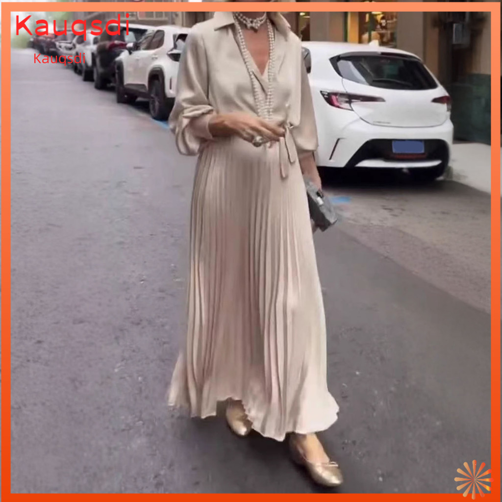 Lace-up High Waist Long Dress Women V-neck Pleated Women’s Sleeve Hem Shirt Elegant Solid Color for Southeast