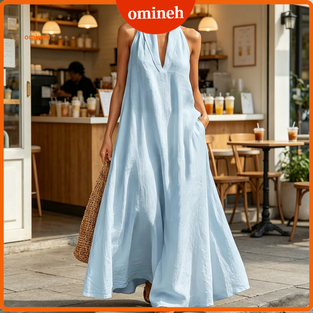 Women Dress Comfortable Women’s Summer Maxi Casual Halter V Neck Long Flowy Sundress with Pockets Beach Vacation Light