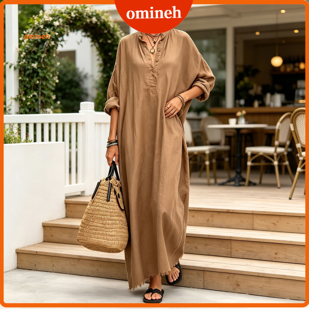 Lightweight Women Dress Solid Color Women’s Summer Maxi V-neck Boho Long Sleeve Button-up Sundress with Pockets Oversi
