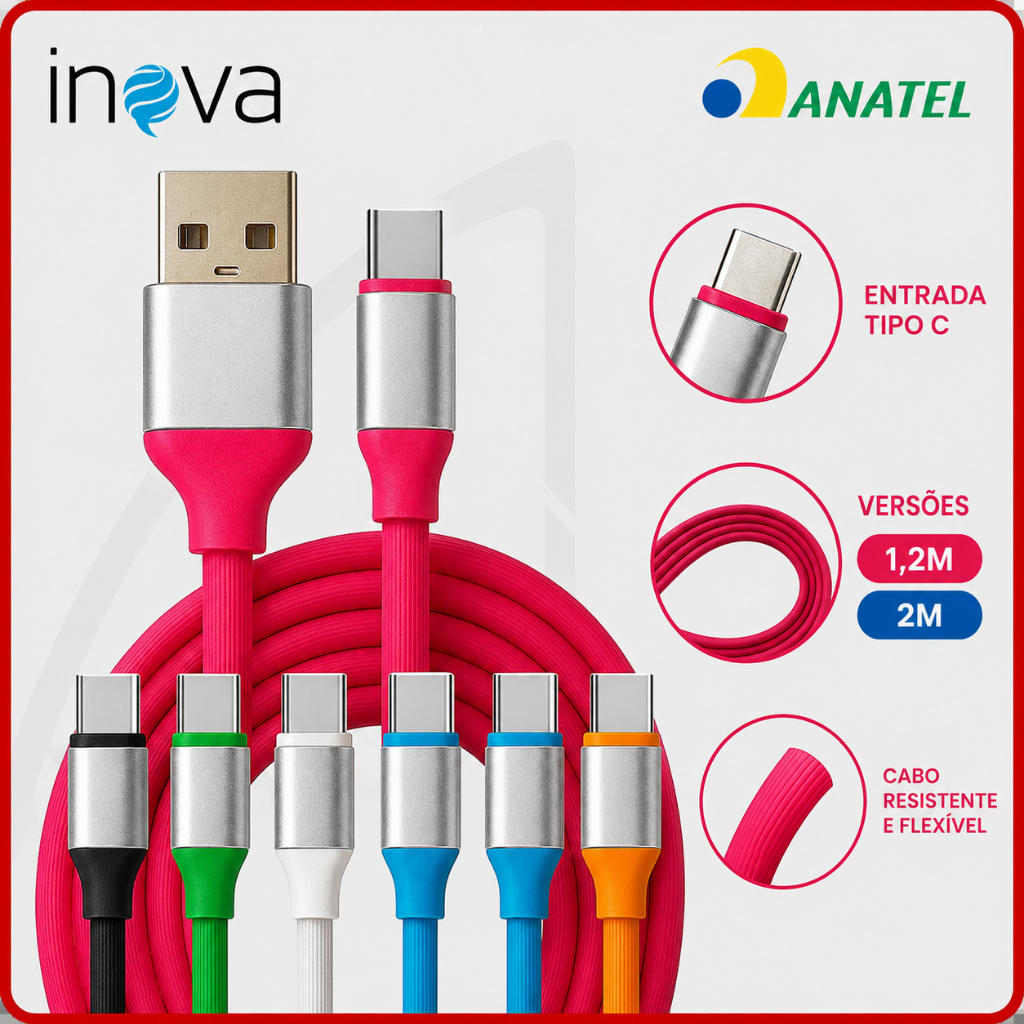 Cabo USB Tipo C 1,20m 2m Carregamento Rápido Emborrachado Compatível Android