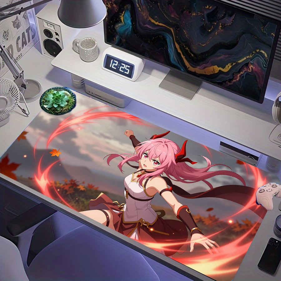 Tapete de mouse para jogos Pink Hair Red Horn Anime Girl Flame Aura, XXL