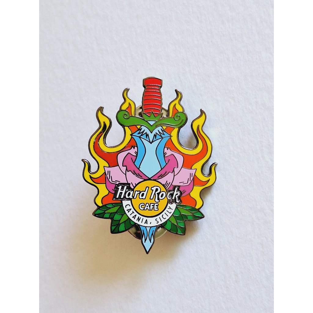 Pin / Broche - Hard Rock Cafe - Catania - Dagger with Orange and Yellow Flames and Pink Tulip