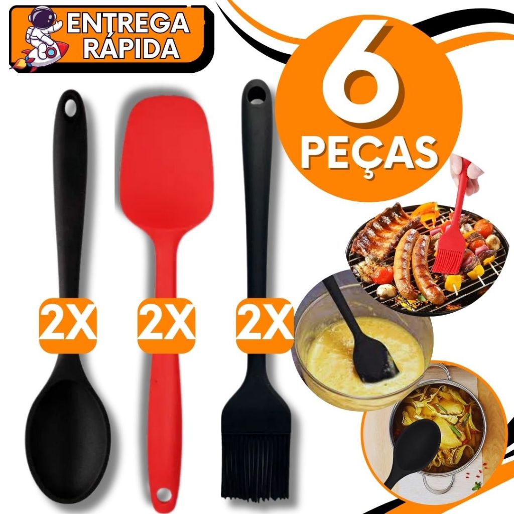 KIT CONJUNTO 6  Colher Servir + Espátula + Pincel Silicone Resistente a Alta Temperaturas Não Risca Panela Untar Mexer