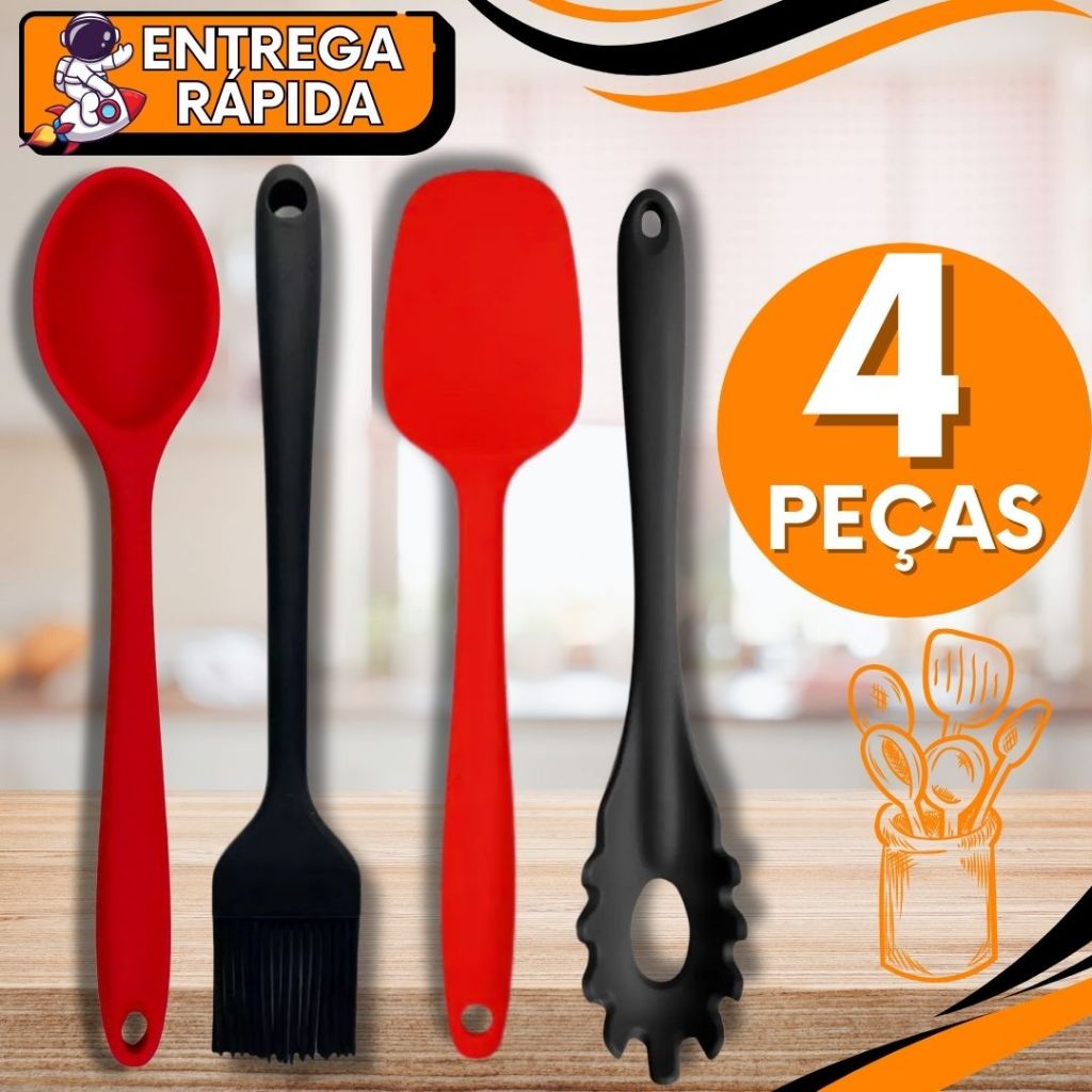 KIT JOGO 4 Peças Silicone Colher Servir + Espatula Reta + Pincel + Pegador Macarrão Servir Mexer Não Risca Panela Untar