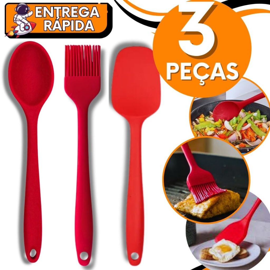 KIT CONJUNTO 3  Colher Servir + Espátula + Pincel Silicone Resistente a Alta Temperaturas Não Risca Panela Untar Mexer