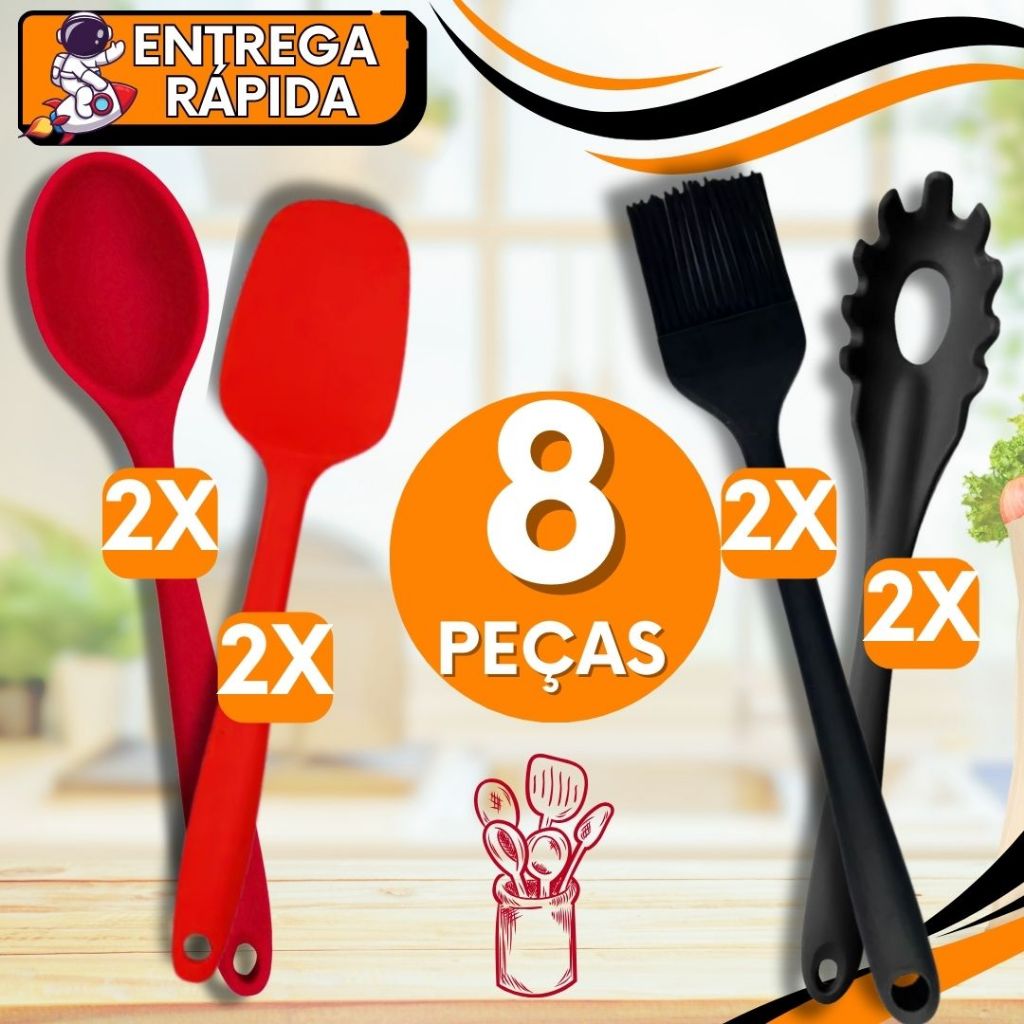 KIT JOGO 8 Peças Silicone Colher Servir + Espatula Reta + Pincel + Pegador Macarrão Servir Mexer Não Risca Panela Untar