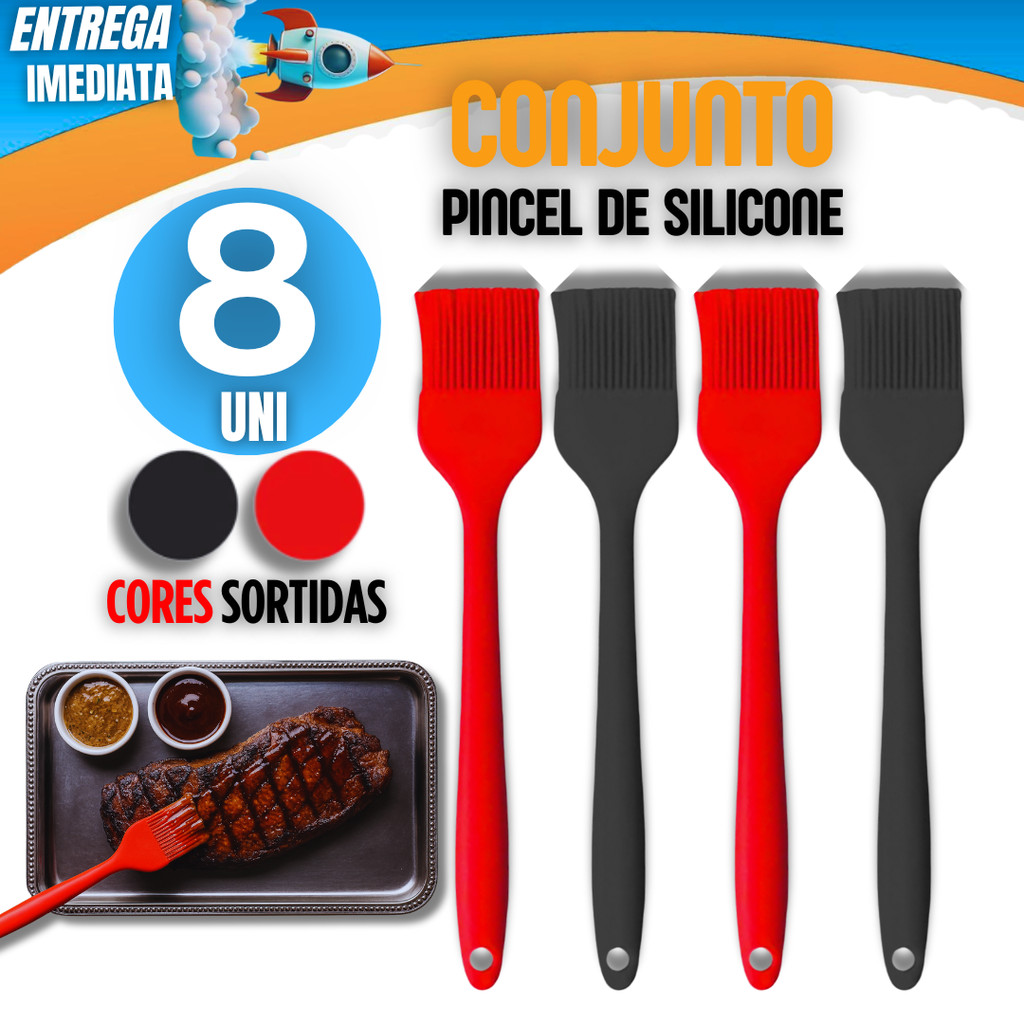 Conjunto 08 Pincel de Silicone Culinário – Utensílio de Cozinha Multiuso para Untar Formas, Pincelar Bolos e Carnes