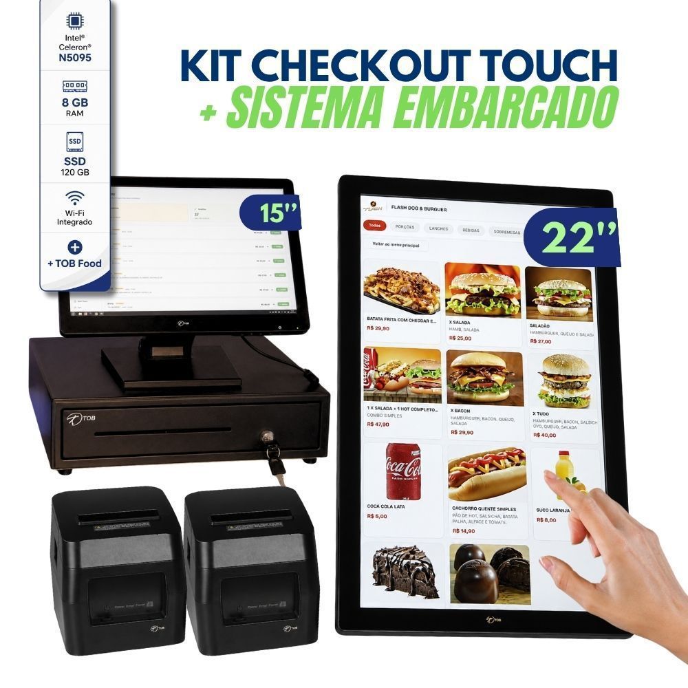 Terminal Autoatendimento Checkout All In One Touch 15” + 22” 8GB SSD 120GB Sistema Incluso Restaurantes e Lanchonetes
