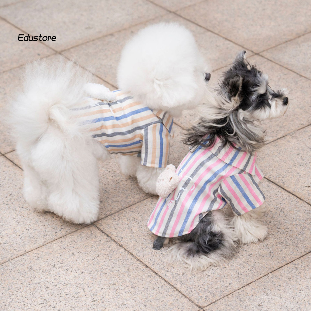 Cute Dog Sweater Pet Apparel Summer Breathable Striped Shirt with Plush Bear Button Down Short Sleeve Puppy Outfit for S