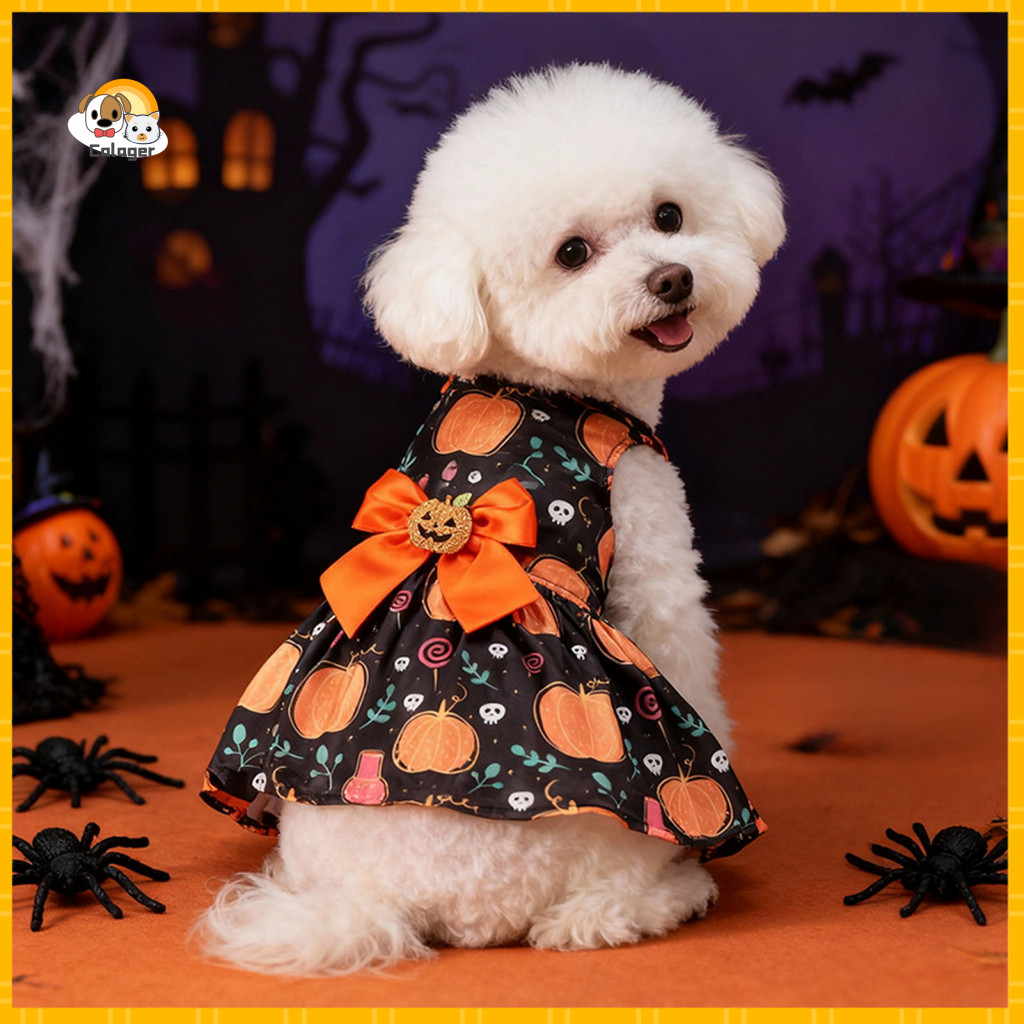 Bow Decoration Pet Dress Small Dog Clothes Halloween Costume Pumpkin Ghost Print Soft Satin Puppy Breathable Cute Outfit