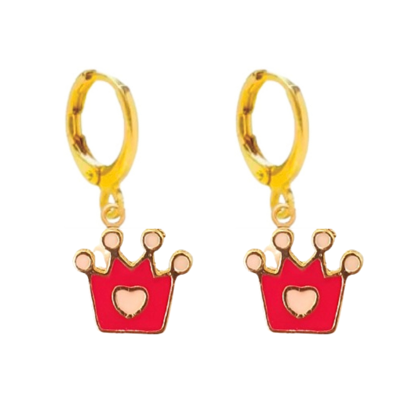 Brinco de Ouro 18K Banhado Semijoais Infantil Coroa com Coração Rosa