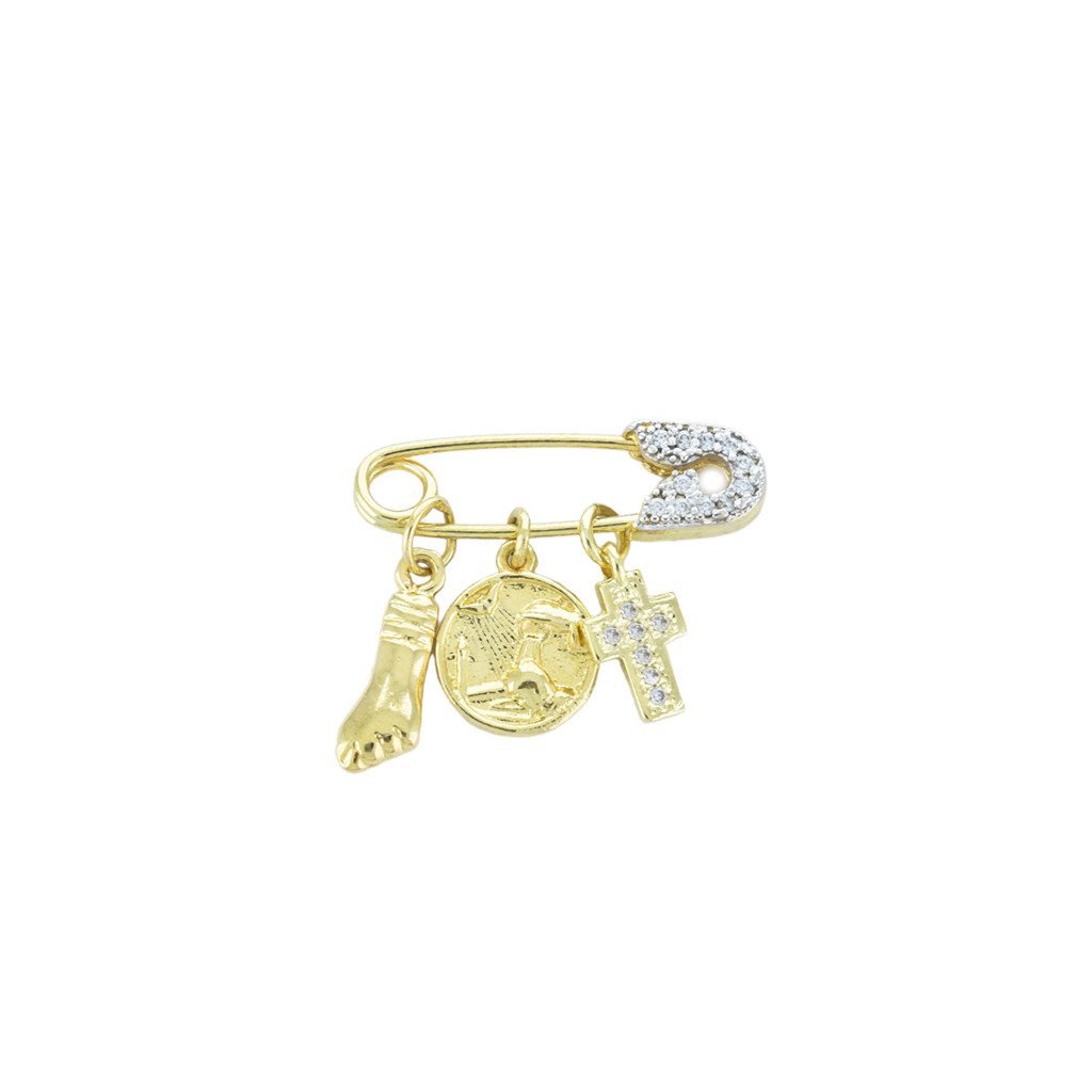 Alfinete Cravejado Com Pingentes de Figa - Batismo - Cruz Cravejada – Prata 925 Banhado a Ouro