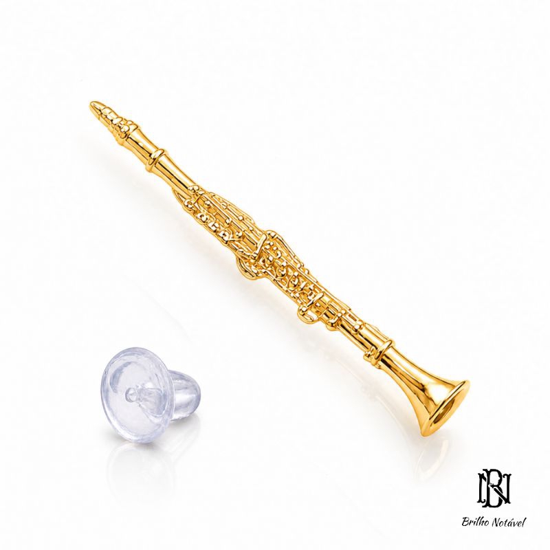 Broche Premium Clarinete com prendedor de gravata em couro ecológico de brinde