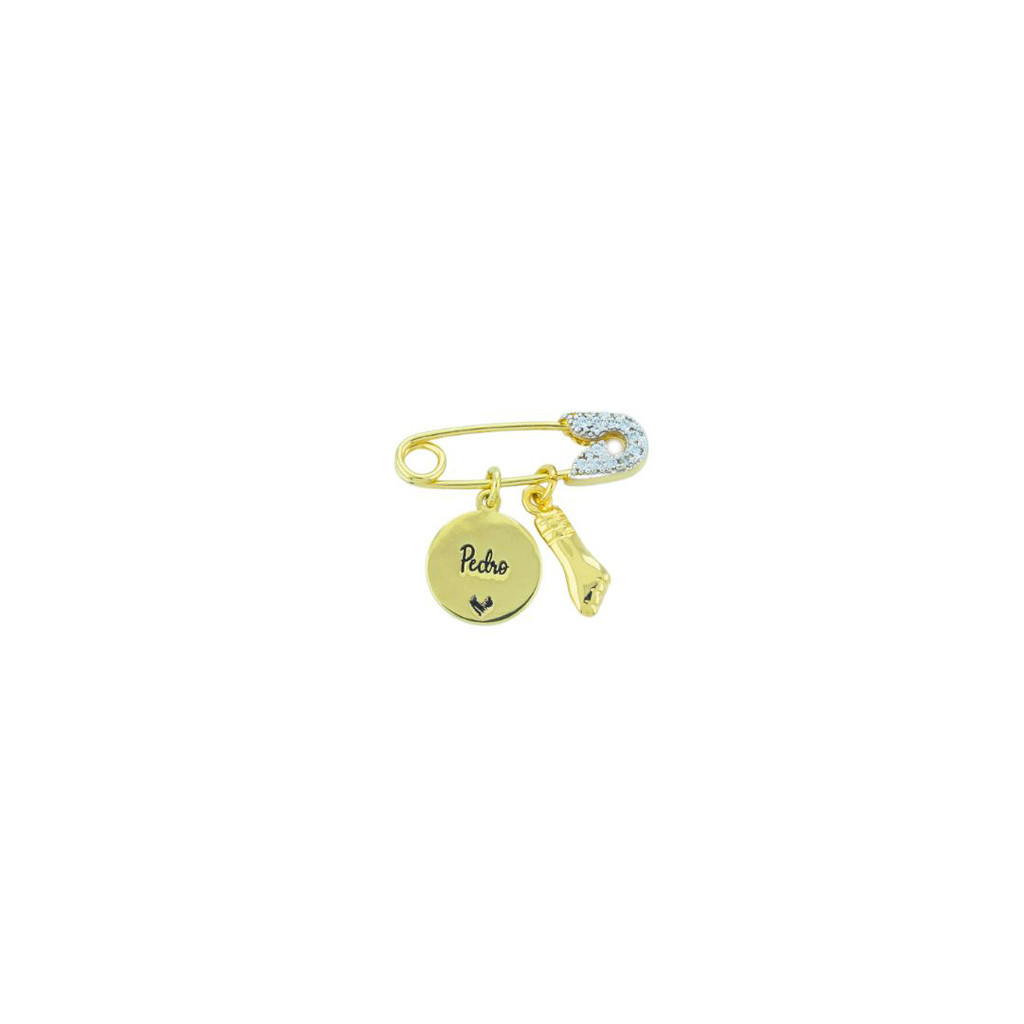 Alfinete Cravejado Personalizado com Pingente de Nome + Figa - Prata 925 Banho Ouro