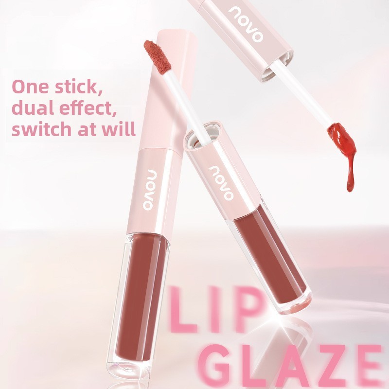 Esmalte labial fosco e sedoso de duas cabeças, fosco, de longa duração, desenvolvimento de cores, copo antiaderente com