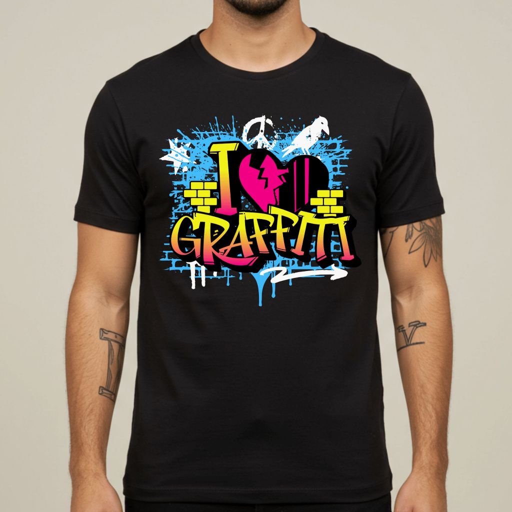 Camiseta Masculina Branca I Love Graffiti Estampa Colorida Urbana Estilo Streetwear