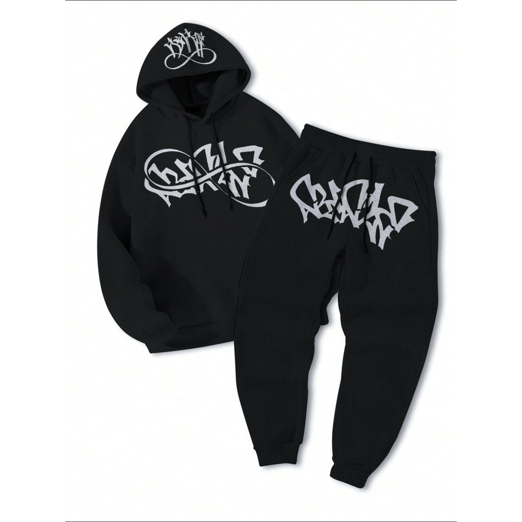 2 Peças/Moletom Canguru e Calça Streetwear Tag Graffiti Central Cee Hip Hop Aesthetic