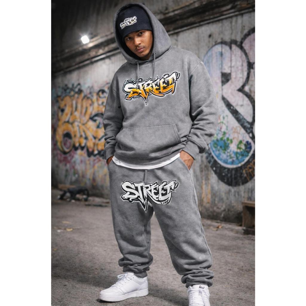 2 Peças/Moletom Canguru e Calça Streetwear Tag Graffiti Central Cee Hip Hop Aesthetic