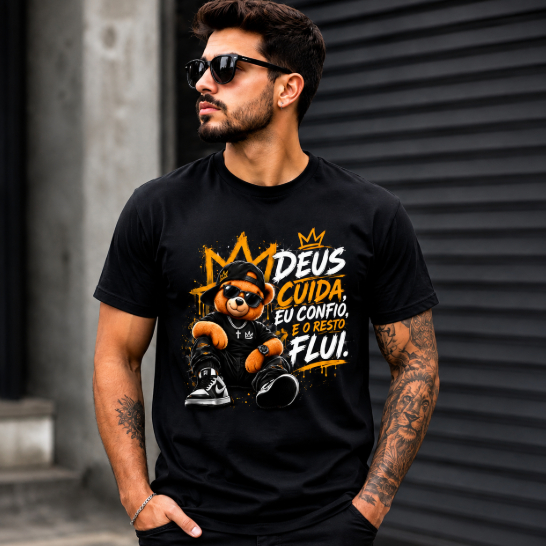 Camiseta Masculina Streetwear Deus Cuida Eu Confio Urso Graffiti Estilo Urbano