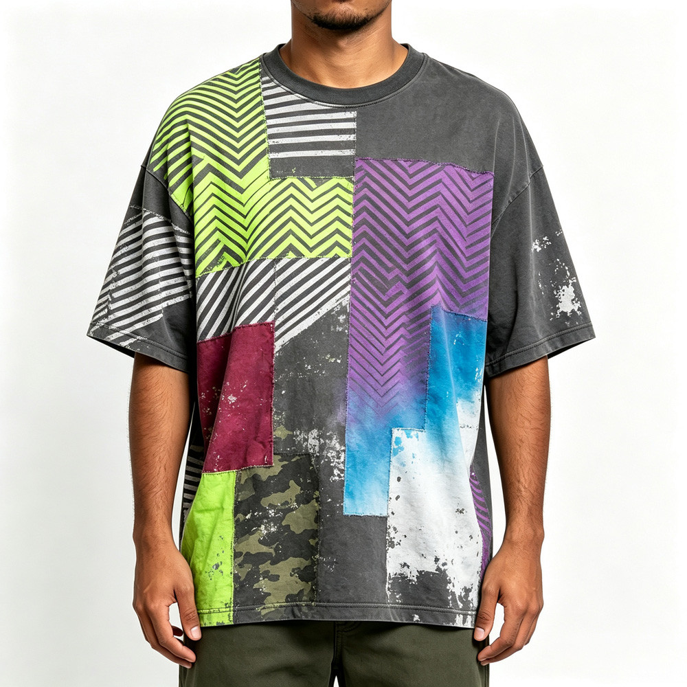 Novo 2026 Homens Vintage Graffiti Respingo Impressão Camiseta Casual Bloco De Cores Geométrico Verão Na Moda Streetwear