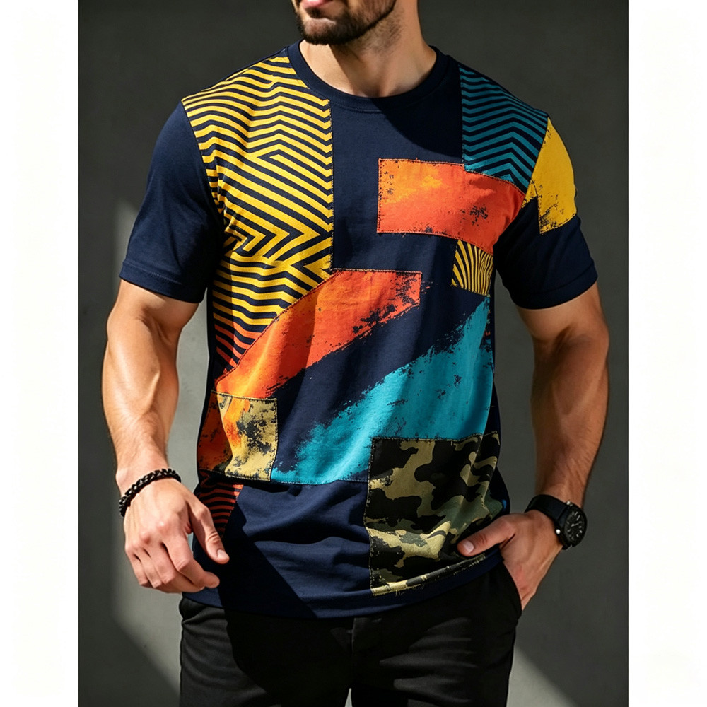 Novo 2026 Homens Vintage Graffiti Respingo Impressão Camiseta Casual Bloco De Cores Geométrico Verão Na Moda Streetwear