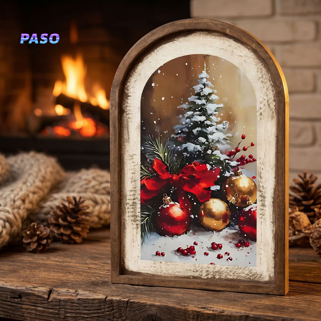 Indoor Christmas Home Decorations Wall Decor Rustic Vintage Wooden Art Farmhouse Santa Ornament with Arch Frame Hanging