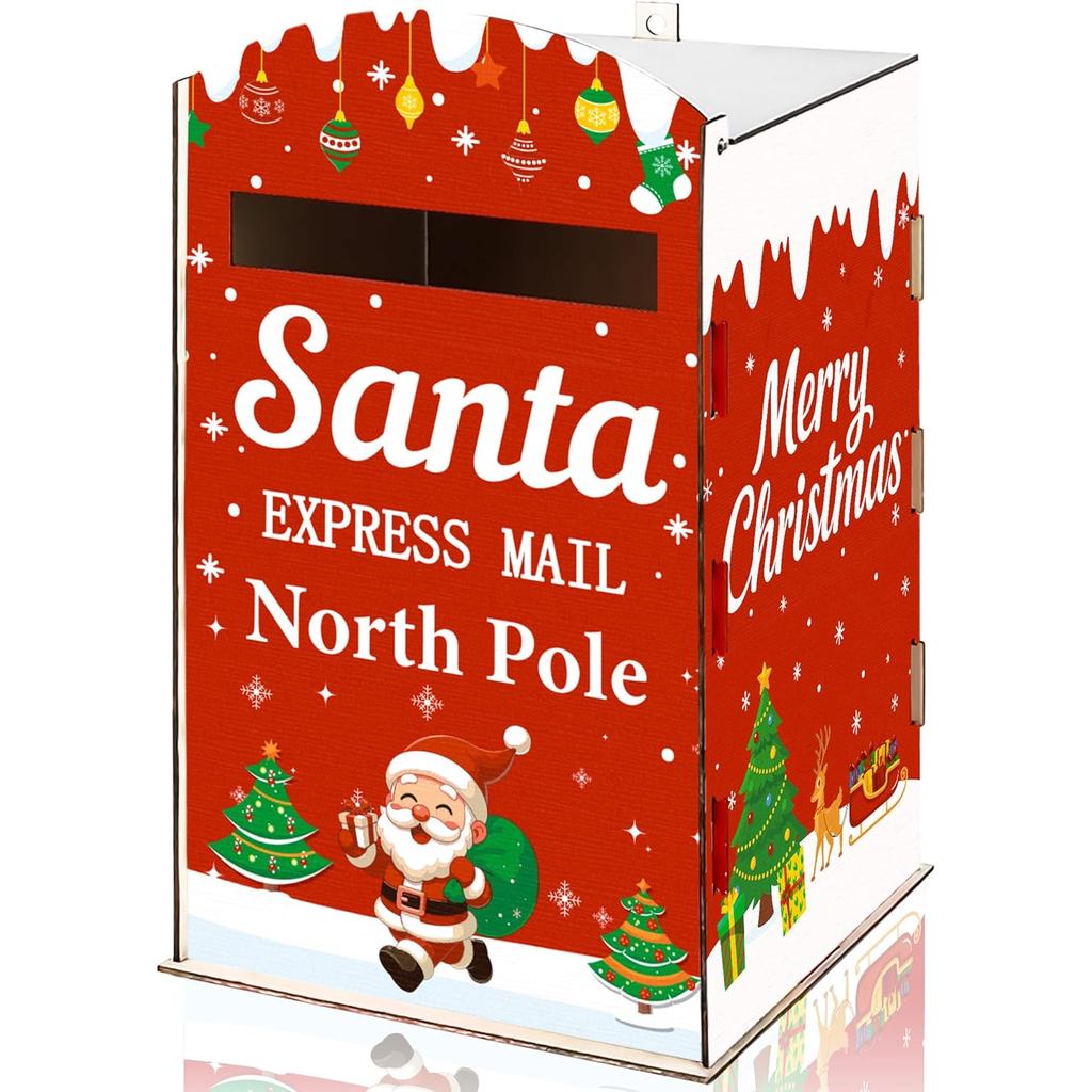 Moon Boat Mailbox Christmas Decorations Wooden Letters to Santa North Pole Mail Box with Banners Holiday Winter Indoor O