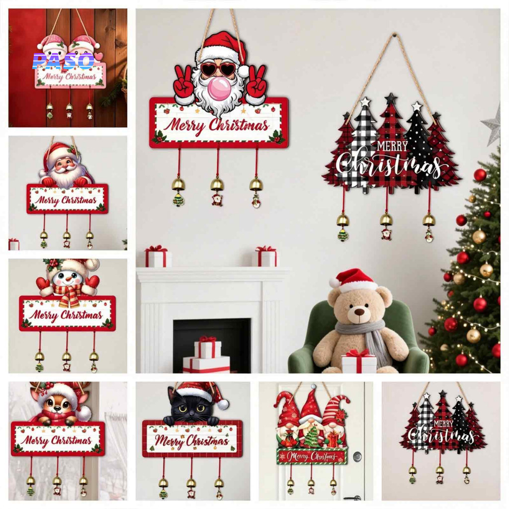 Xmas Decorations for Store Christmas Hanging Sign Rustic Wooden Wall with Bells – Santa Snowman Tree Reindeer Holiday