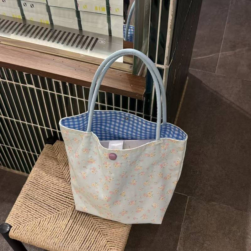 Light Blue Floral Canvas Bag New Large Capacity Handbag Student Class Commute Woven Handbag d9wR