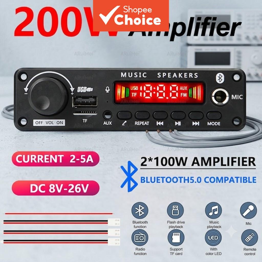 Placa Amplificadora Bluetooth 5.0 2*100W DC 8V-26V Áudio Estéreo com Display Remoto para Sistema de Alto-falantes DIY
